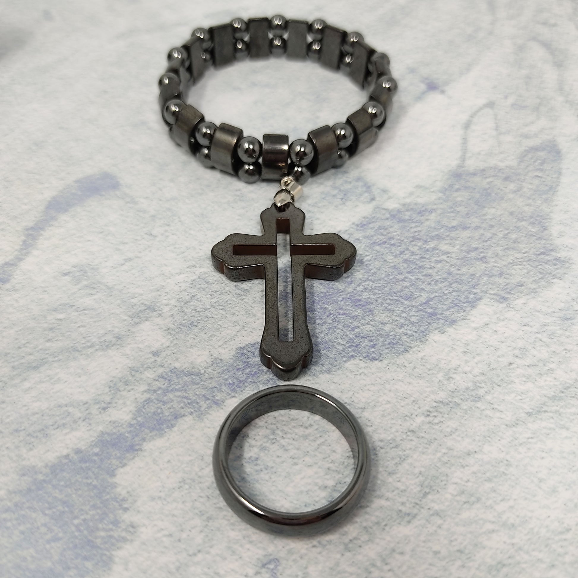 Hematite Men's Jewelry Gift Set Ring Stretch Bracelet Cross Pendant Black Hematite