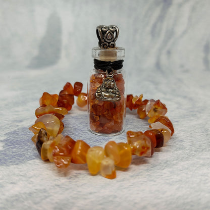 Carnelian Jewlery Gift Set Carnelian Chip Stretch Bracelet - Carnelian Chip Stone Bottle Necklace