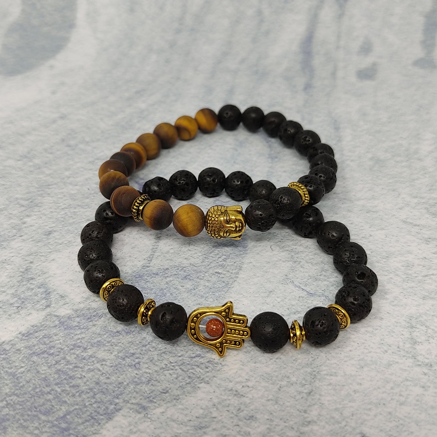 Bracelet Set -1 Lava Gold Plated Hamsa Hand 1 Tiger Eye Lava Buddha Head Bracelet