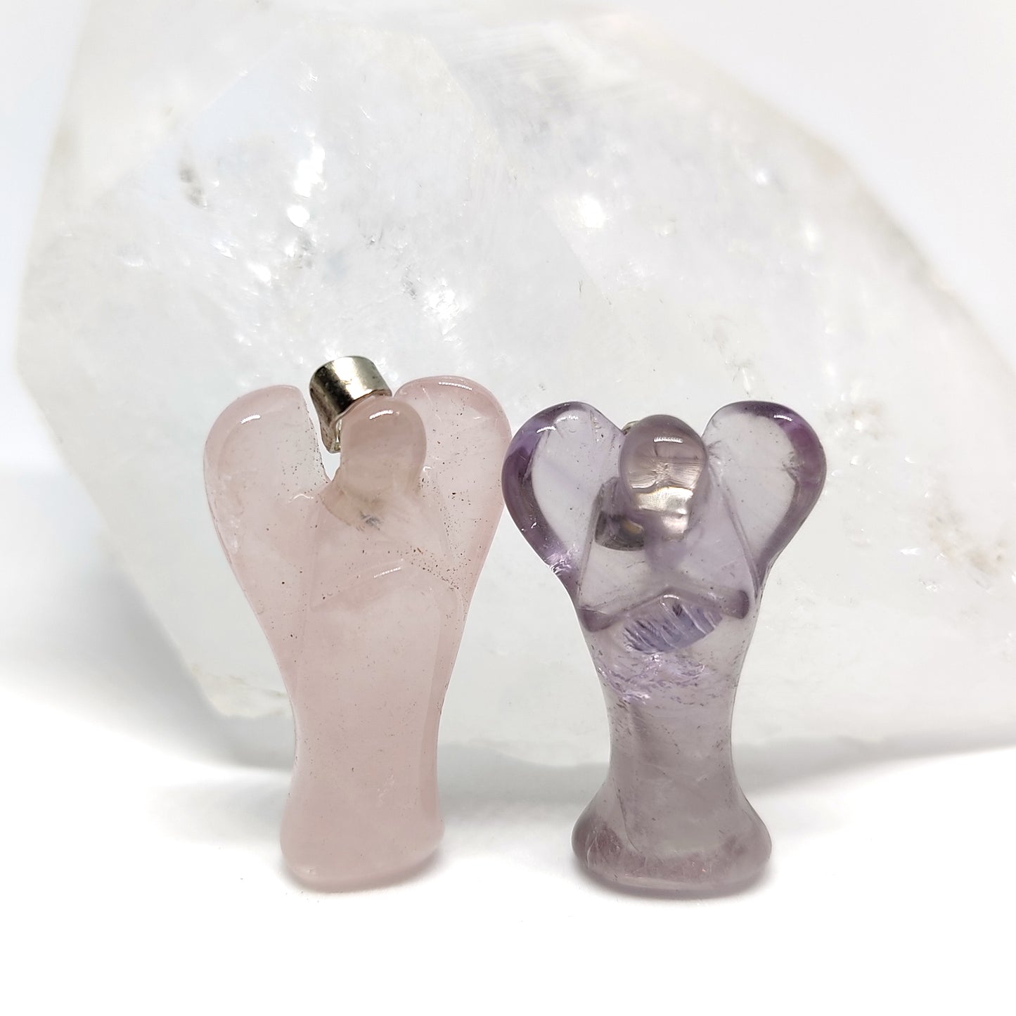 Rose Quartz Angel Pendant and Amethyst Angel Pendant - Gemstone Gift Set 1.25"