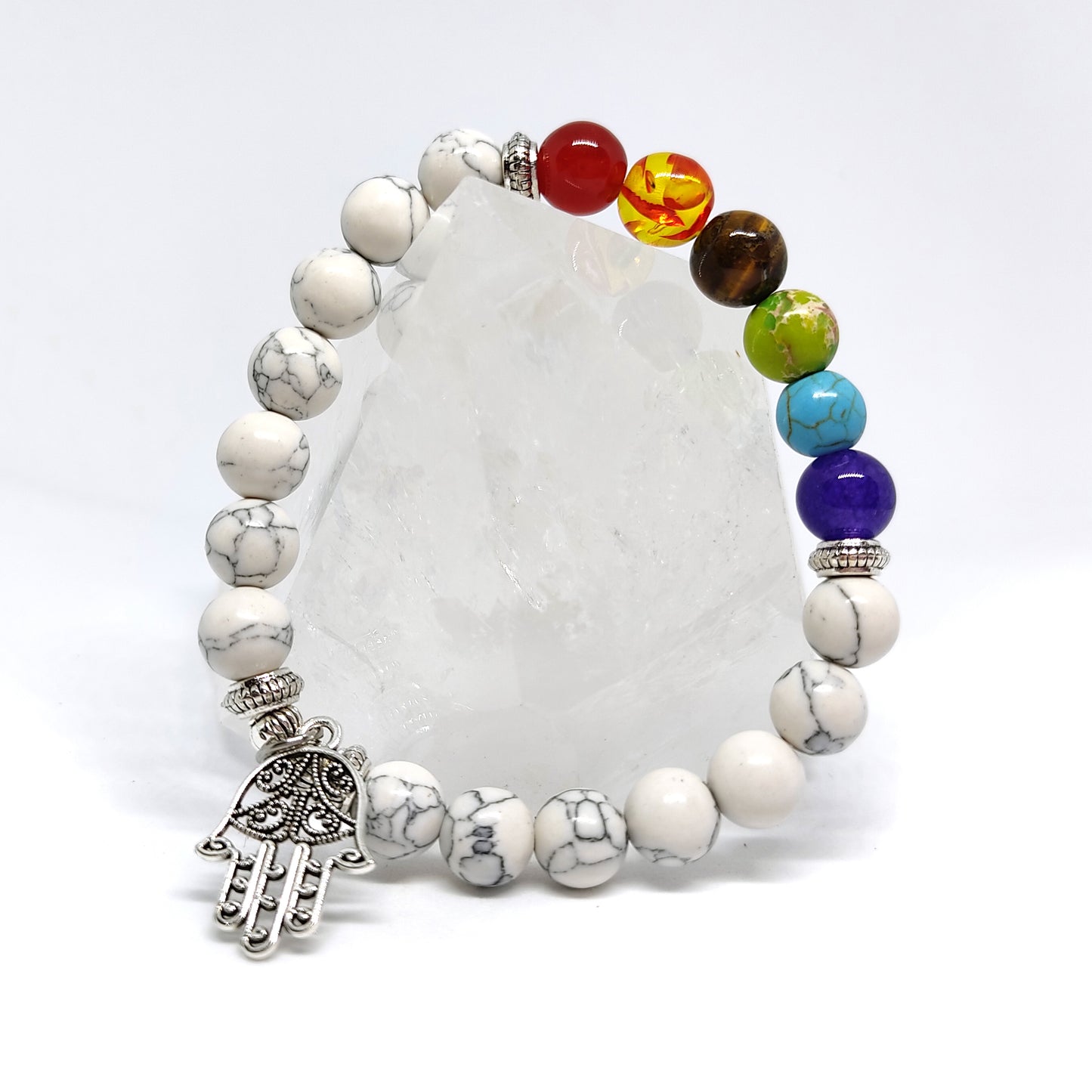 Howlite Chakra Bracelet 8mm Beads - Gemstone Jewelry with Silver Hamsa Charm