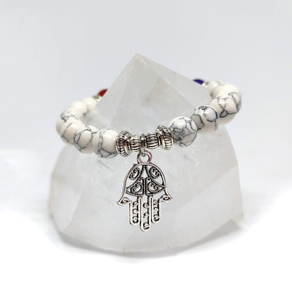 Howlite Chakra Bracelet 8mm Beads - Gemstone Jewelry with Silver Hamsa Charm