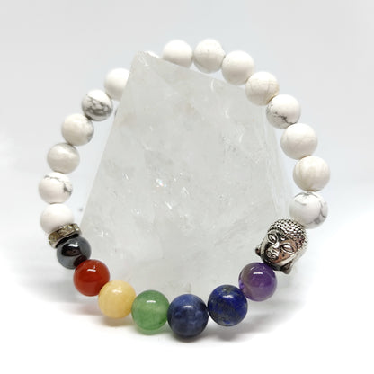Howlite Chakra Bracelet 8mm Beads - Gemstone Jewelry with Silver Buddha Head