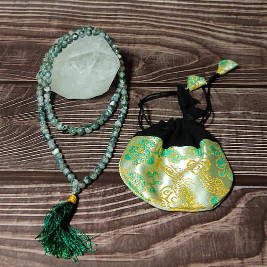 moss agate mala and silk brocade jewelry pouch