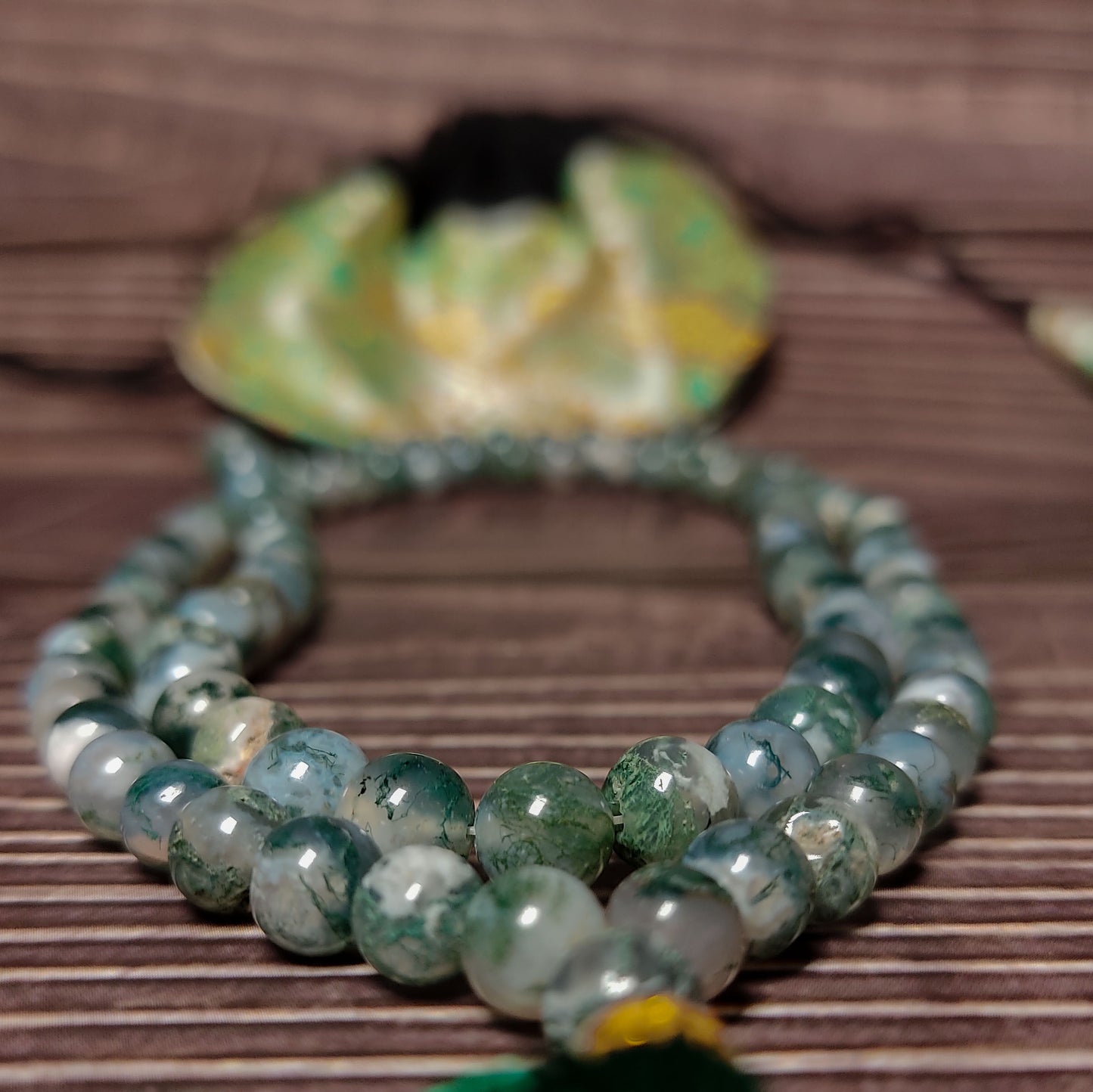 Green Moss Agate Gemstone Mala 108 Meditation Prayer Beads with Silk Pouch Bag