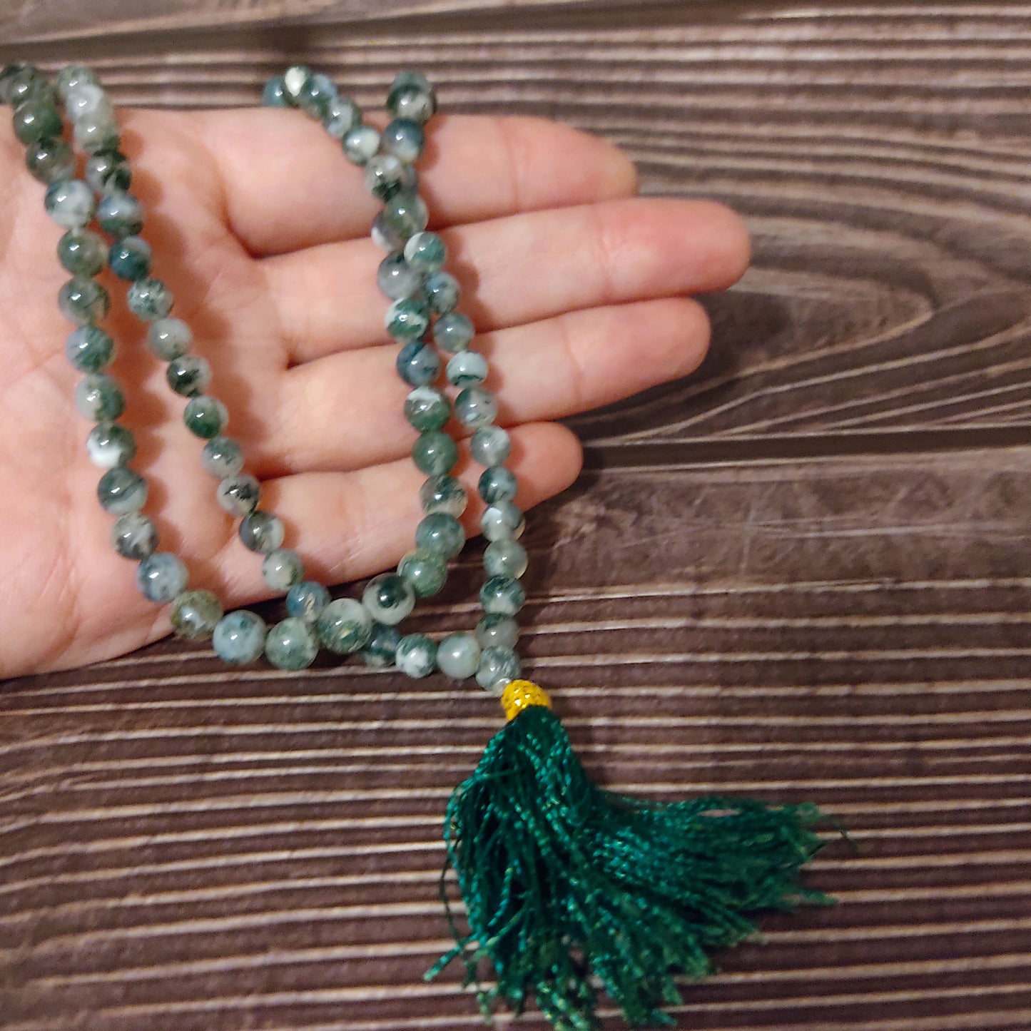 Green Moss Agate Gemstone Mala 108 Meditation Prayer Beads with Silk Pouch Bag