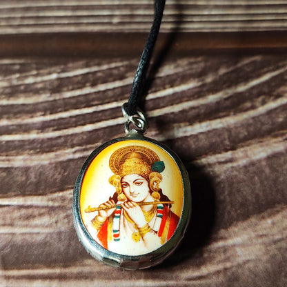 Krishna Necklace Double Sided Pendant Krishna and Om - Black Leather Cord 20"
