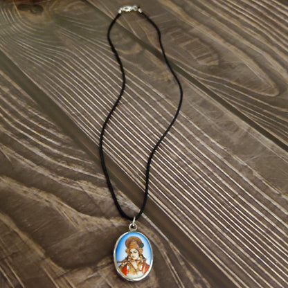 Krishna Necklace Double Sided Pendant Krishna and Om with Black Leather Cord 20"