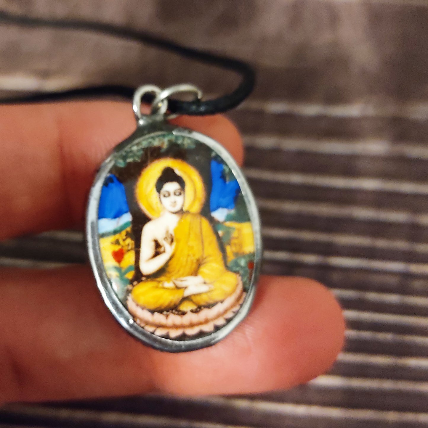 Buddha Necklace Double Sided Buddhism Pendant - Black Leather Cord 20"