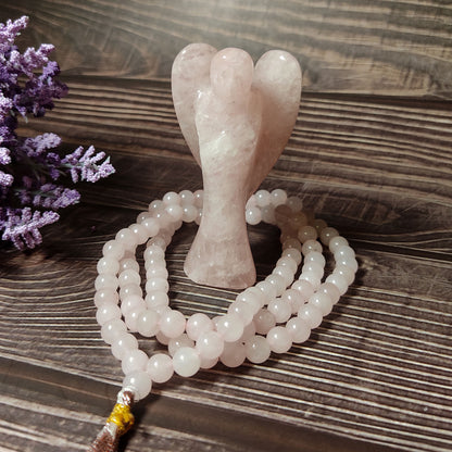 Rose Quartz Japa Mala Prayer Meditation Beads Along with Rose Quartz Angel