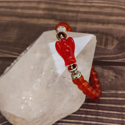 Carnelian Orange Crystal Gemstone Beads Stretch Bracelet With Angel Figurine
