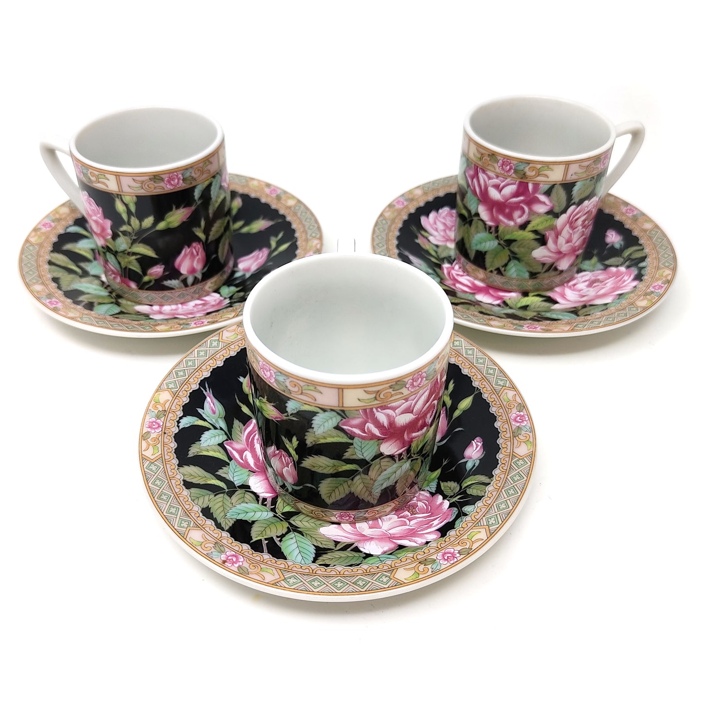 Lefton China Demitasse Cup and Saucer Set of 3 Exclusives Japan Black with Peony