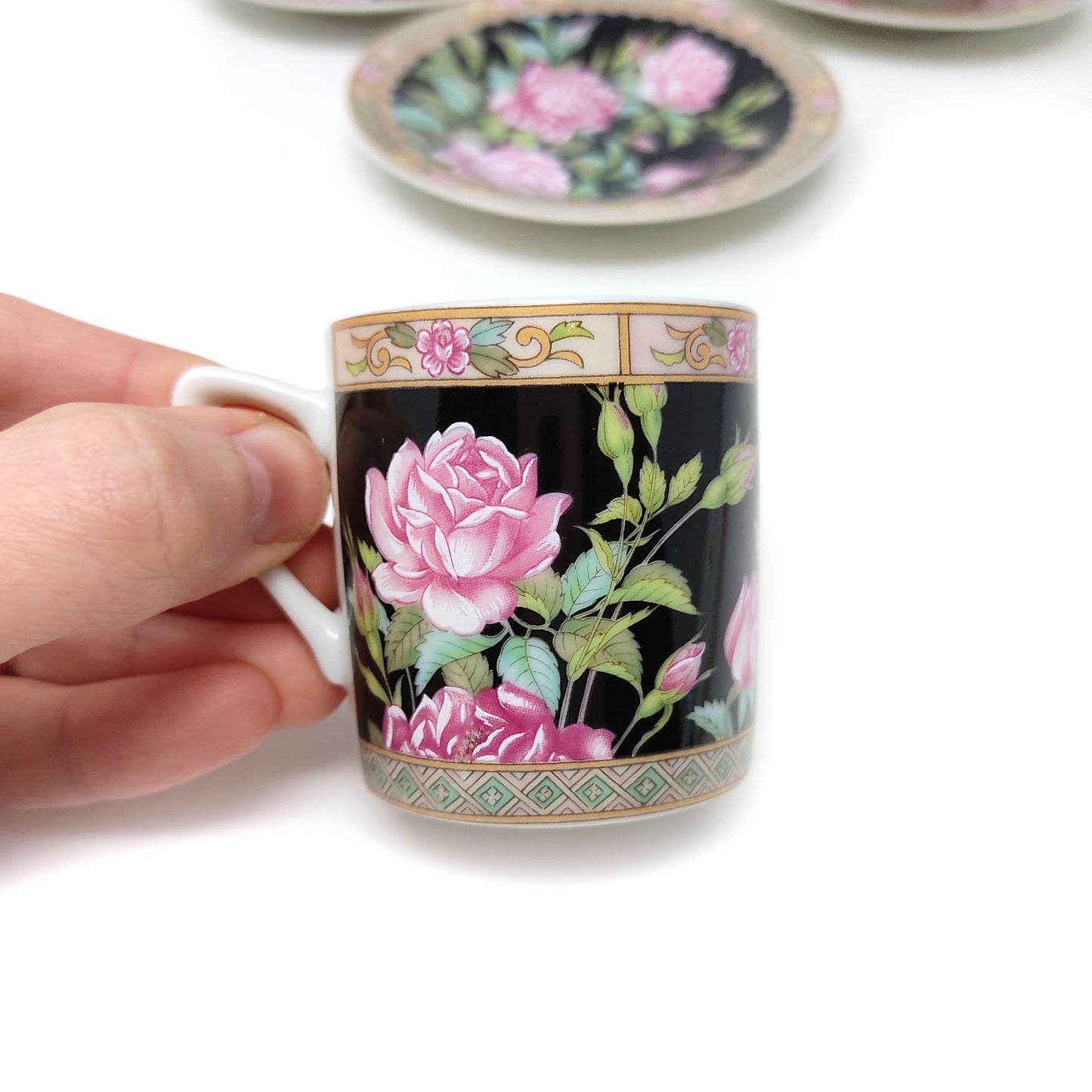 Lefton China Demitasse Cup and Saucer Set of 3 Exclusives Japan Black with Peony