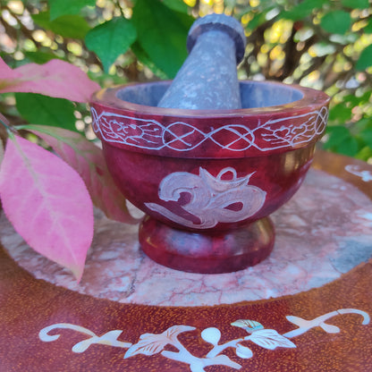 Red Soapstone Om Mortar and Pestle - Handmade - Absolutely Beautiful 3.5" Wide