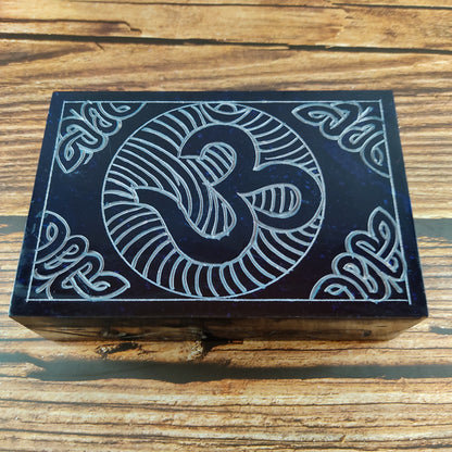 Om Symbol Hand-carved Jewelry Box Soapstone Lovely Home Decoration Gift 6"x4"