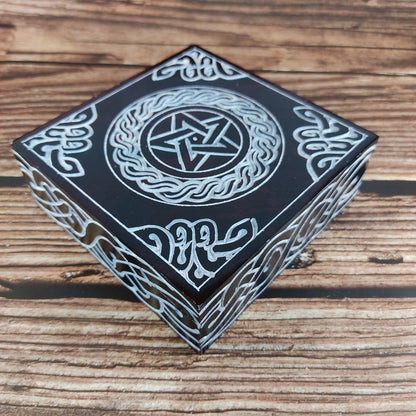 Pentagram Hand-carved Jewelry Box Soapstone Lovely Home Decoration Gift 5"x5"