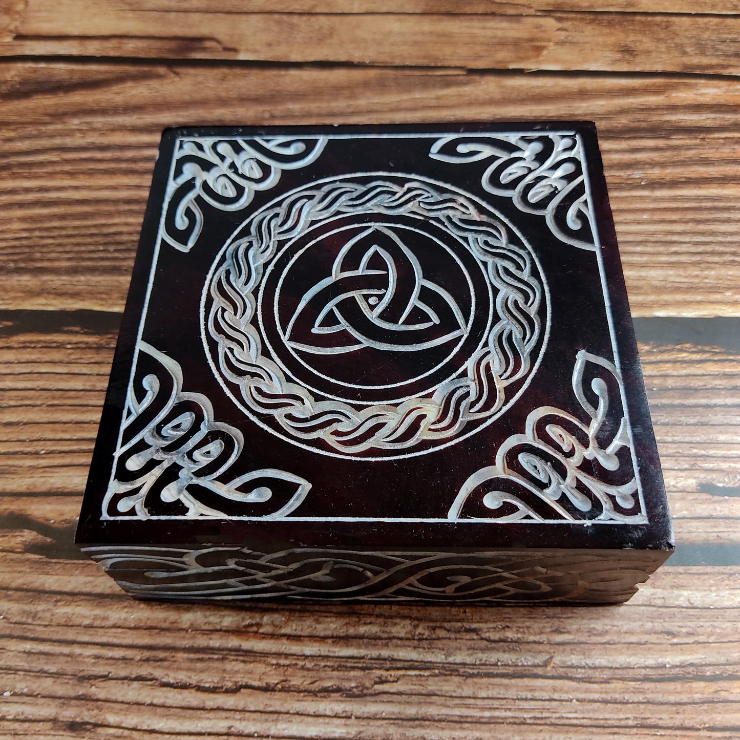 Triquetra Hand-carved Jewelry Box Soapstone 5"