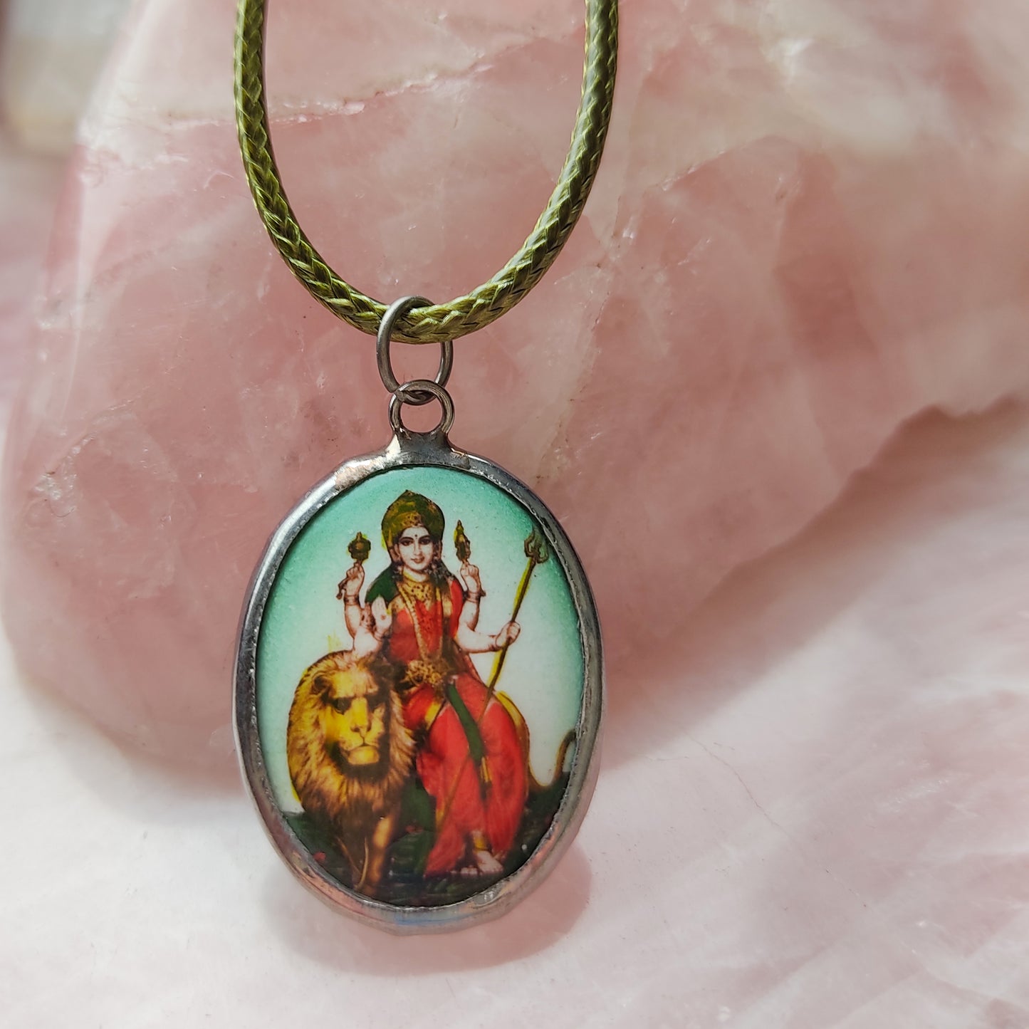 Durga Maa Goddess Om Pendant Necklace 18" Green Cord Chain Religious Gift