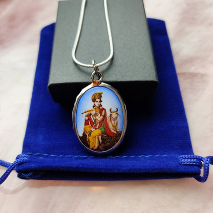 Krishna India God with Flute Cow Om Pendant Necklace Gift - Jewelry Variation Gift