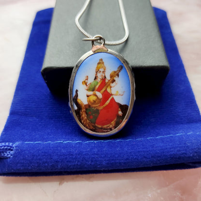 Saraswati Ma Goddess Om Pendant Necklace 20" Silver Snake Chain Spiritual Gift