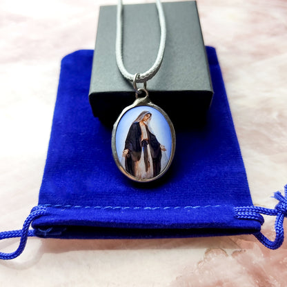 Holy Mary Cross Pendant Necklace 18" Blue Cord Necklace Chain Blue Velvet Pouch