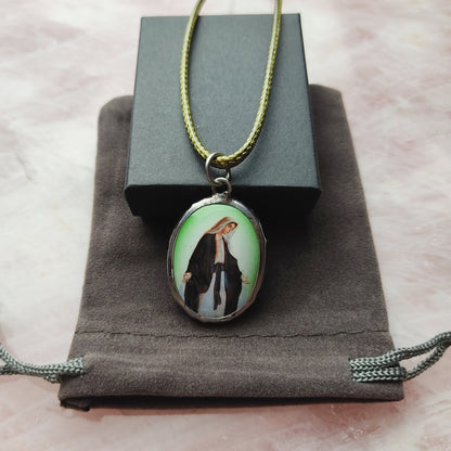 Holy Mary Cross Pendant Necklace 18" Green Cord Necklace Chain Box Velvet Pouch