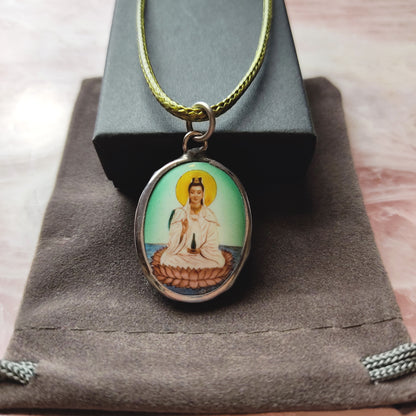 Kwan Yin Necklace Double Sided Quan Yin Buddha Goddess Pendant  18" Green Cord