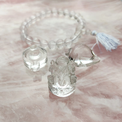 Crystal Quartz Gemstone Ganesh Shiva Lingam Conch Beaded Bracelet Spiritual Gift Set