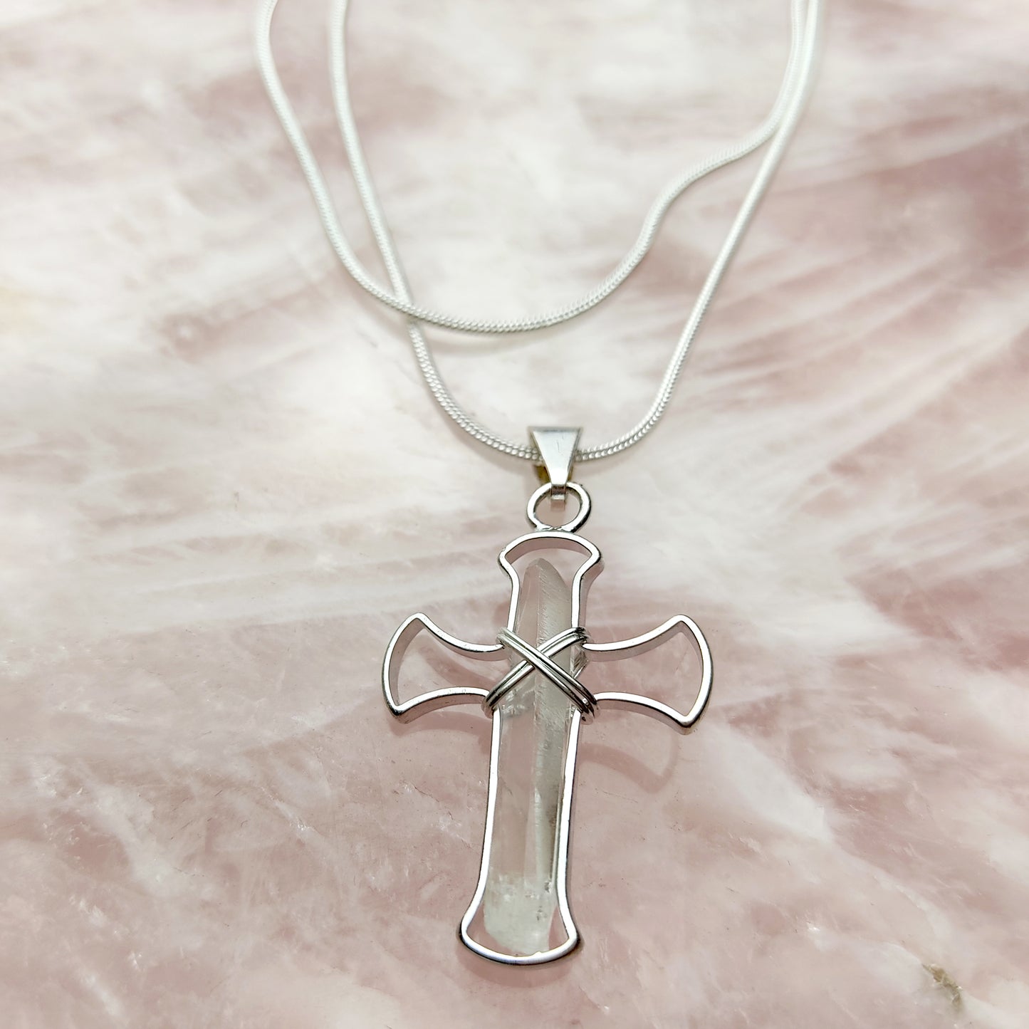 Clear Quartz Cross Pendant Wrap With 20" Silver Plated Snake Necklace Chain Gift