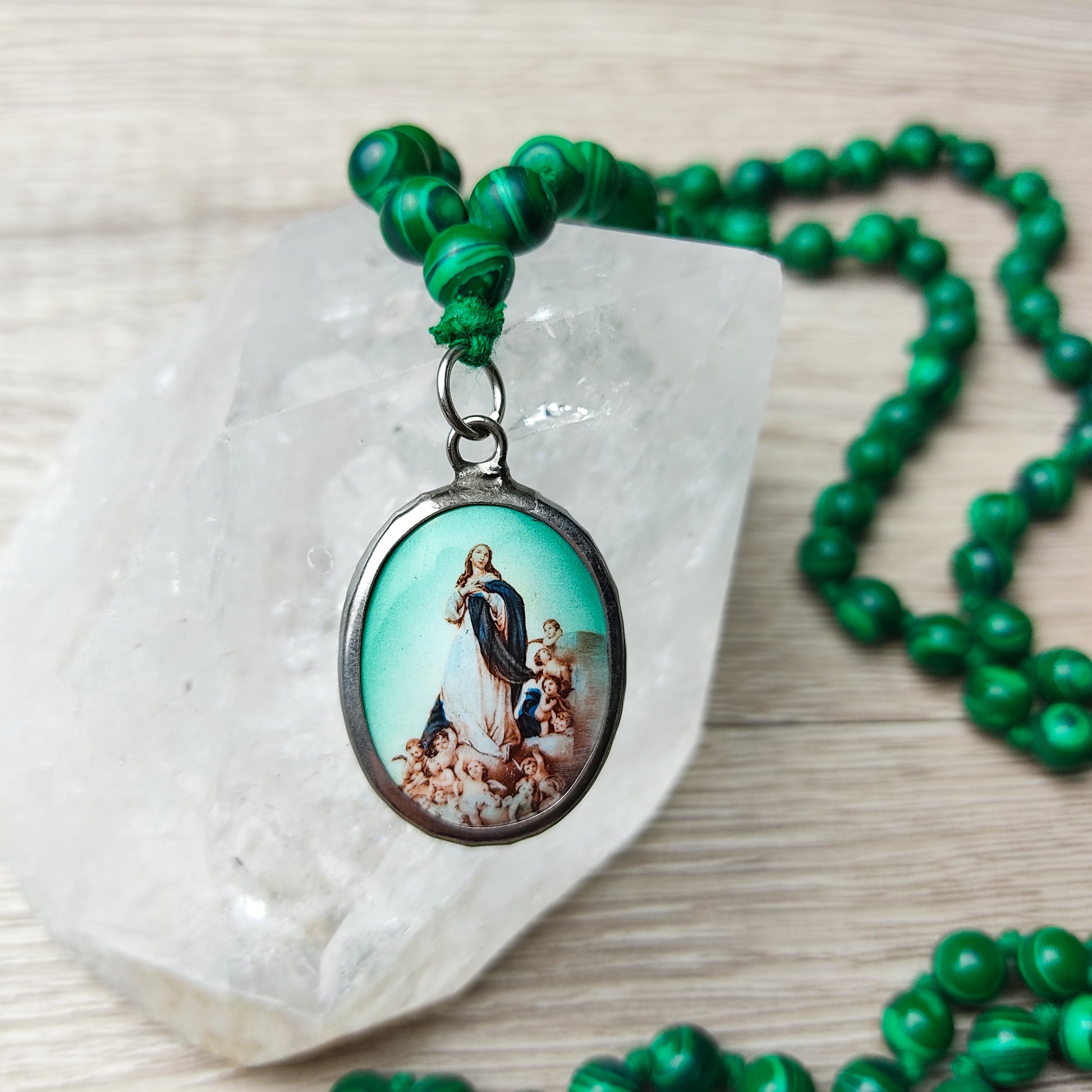 mary with angels pendant green malachite necklace