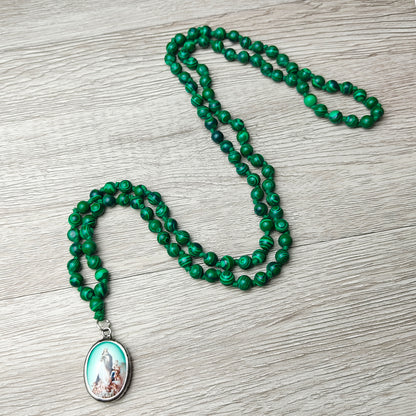 Mary with Angels Pendant Man-made Malachite Beaded Necklace Religion Gift of Love