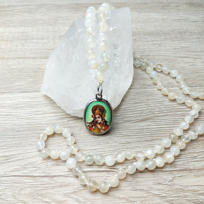 Genuine Moonstone Beads Necklace with Lord Sri Krishna India God Pendant Yoga Gift