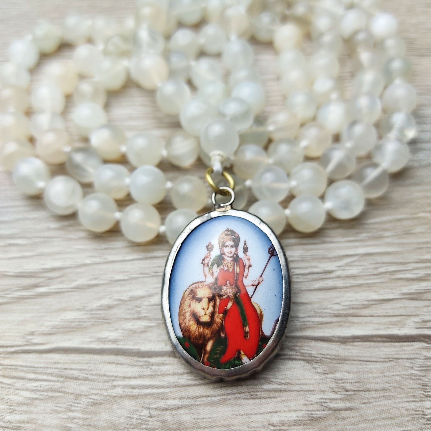 Genuine Moonstone Beads Necklace with India Goddess Durga Ma Pendant Yoga Gift