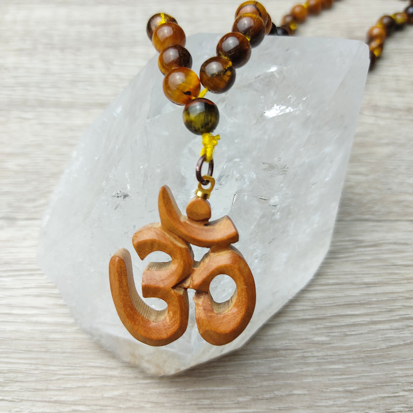 Genuine Tiger Eye Beads Necklace with Sandalwood Om Symbol Pendant Yoga Gift