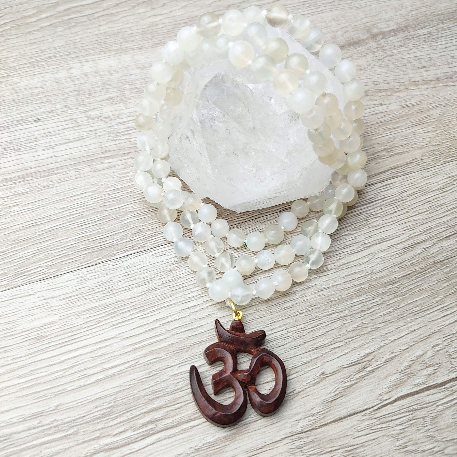 moonstone beads necklace  rosewood om symbol pendant