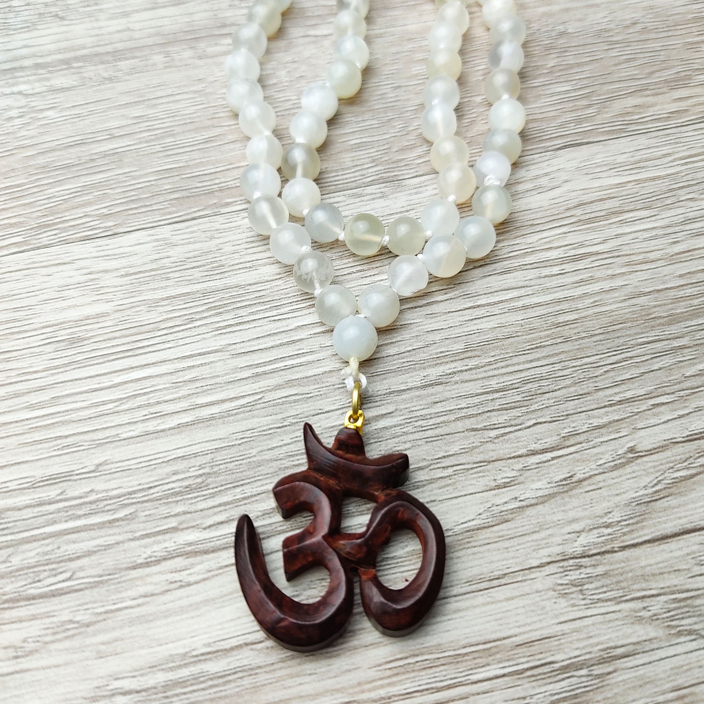 Rainbow Moonstone Beads Necklace with Rosewood Om Symbol Pendant Yoga Gift