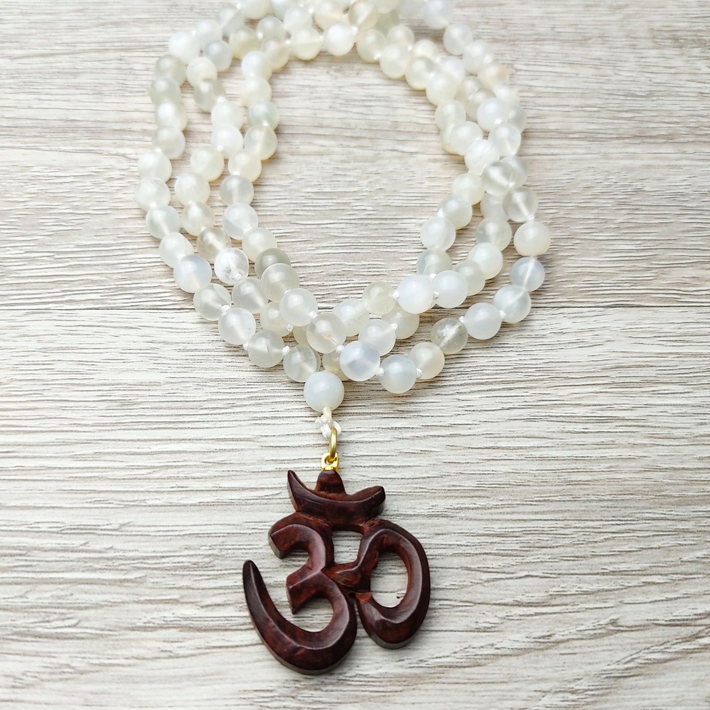 Rainbow Moonstone Beads Necklace with Rosewood Om Symbol Pendant Yoga Gift
