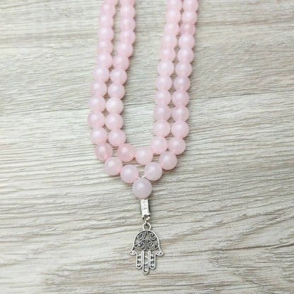Rose Quartz Beads Mala Meditation Necklace With Hamsa Protection Amulet Pendant