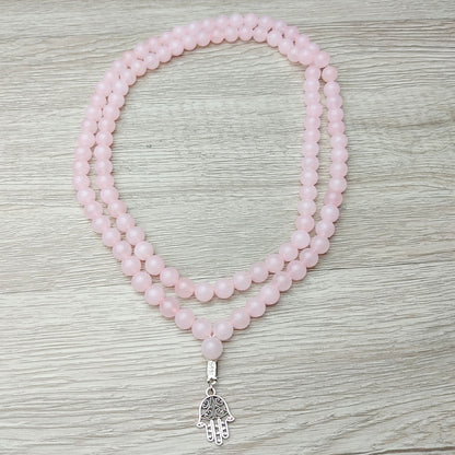 Rose Quartz Beads Mala Meditation Necklace With Hamsa Protection Amulet Pendant