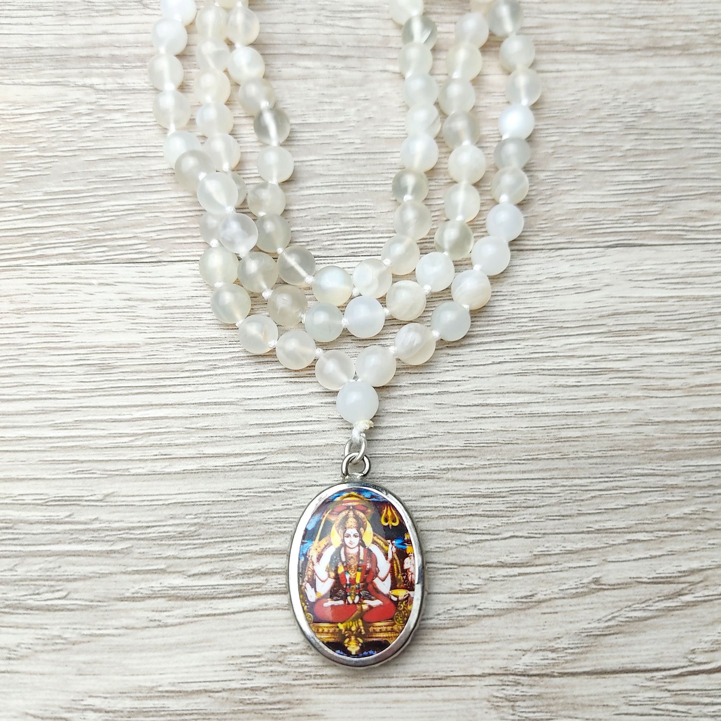 Real Moonstone Beads Necklace with India Goddess Durga Devi Pendant Yoga Gift