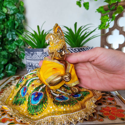 Laddhu Krishna Brass India Precious God Deity with Dresses Ladoo Gopal Murti 4"