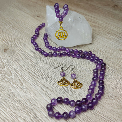 Amethsyt Gemstone 108 Beads Necklace Lotus Charm with Matching Earring Set