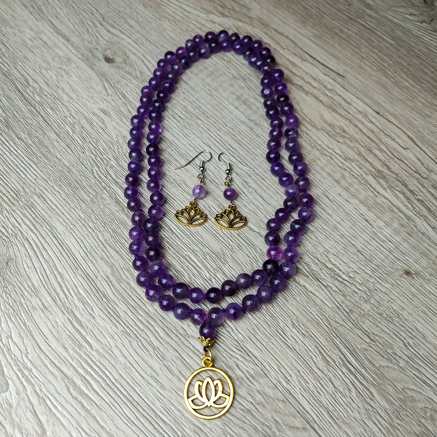 Amethsyt Gemstone 108 Beads Necklace Lotus Charm with Matching Earring Set