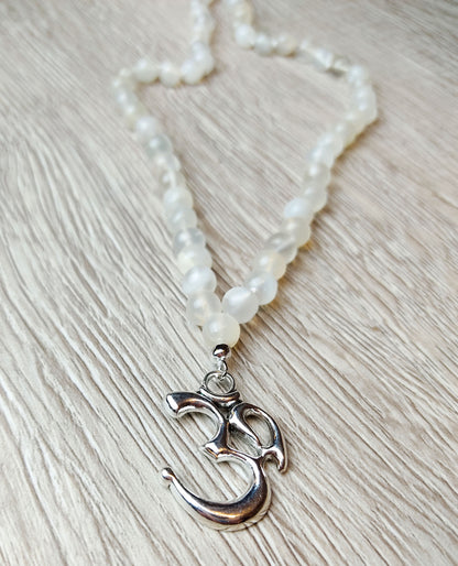 Rainbow Moonstone Mala Beads Necklace with Silver Om Symbol Pendant Yoga Gift