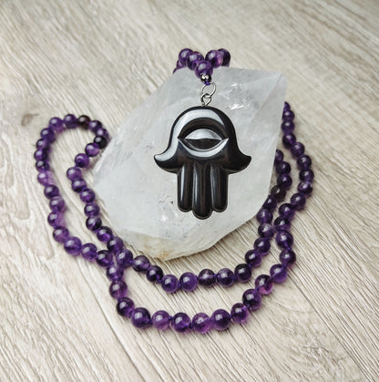 Hematite Hamsa Evil Eye  Pendant Real Stone Amethyst Beads Necklace Gift For Him