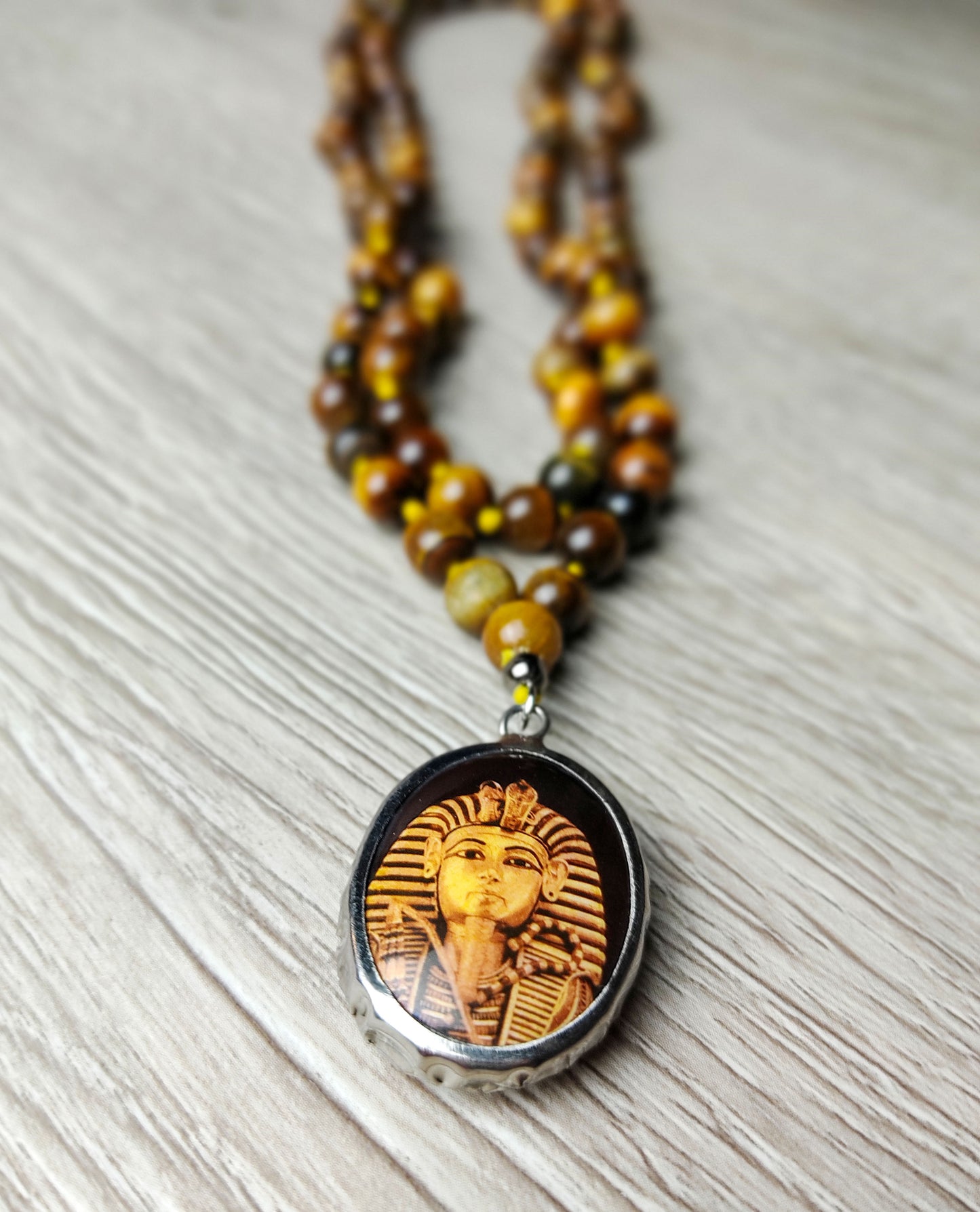 Egypt King Tutankhamun Pendant with Real Tiger Eye Beads Mala Necklace 34"