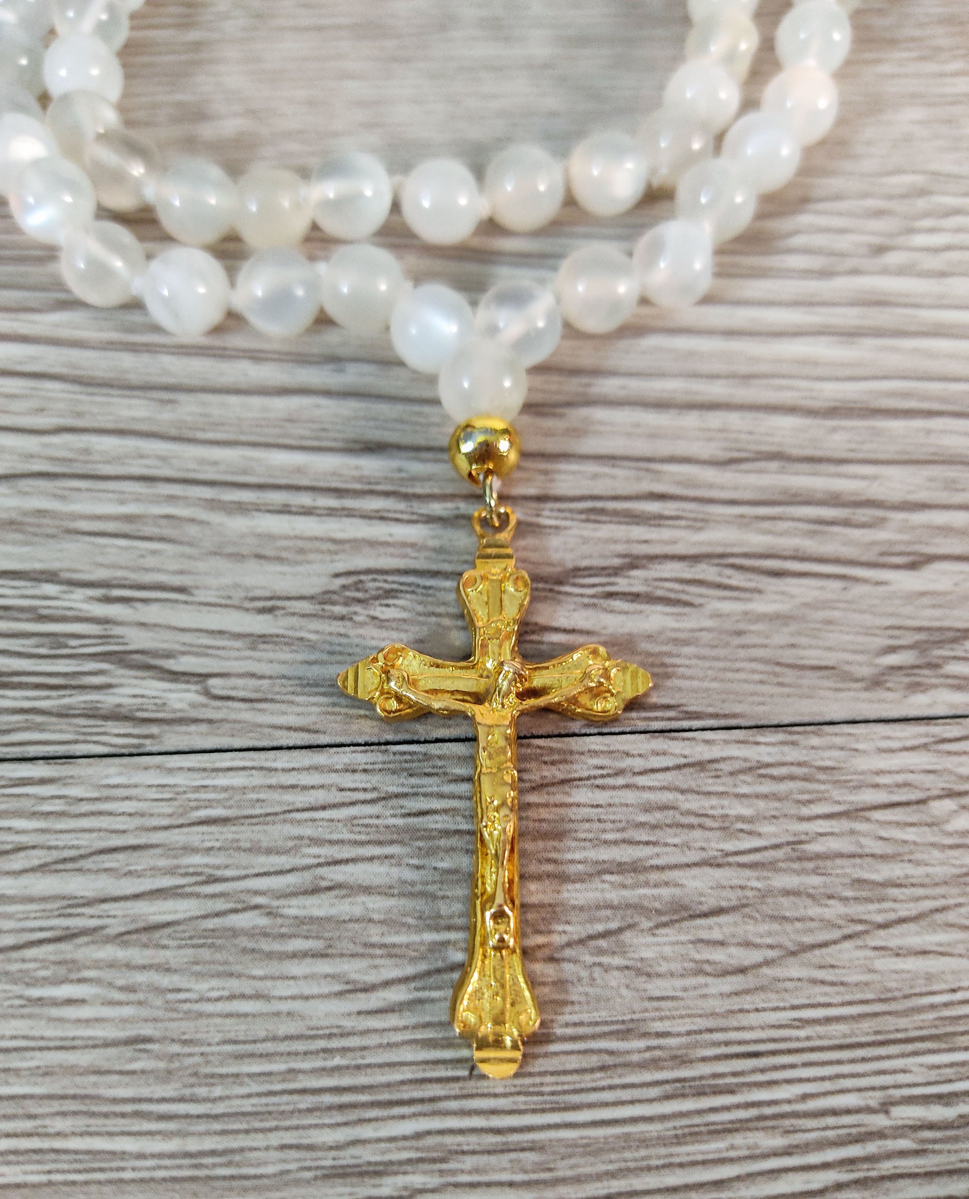 gold plated crucifix moonstone mala necklace