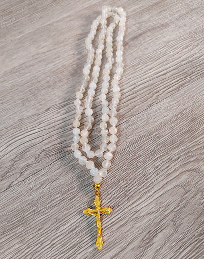 Moonstone Beads Mala Necklace with Gold Plated Crucifix Pendant 31" Handmade