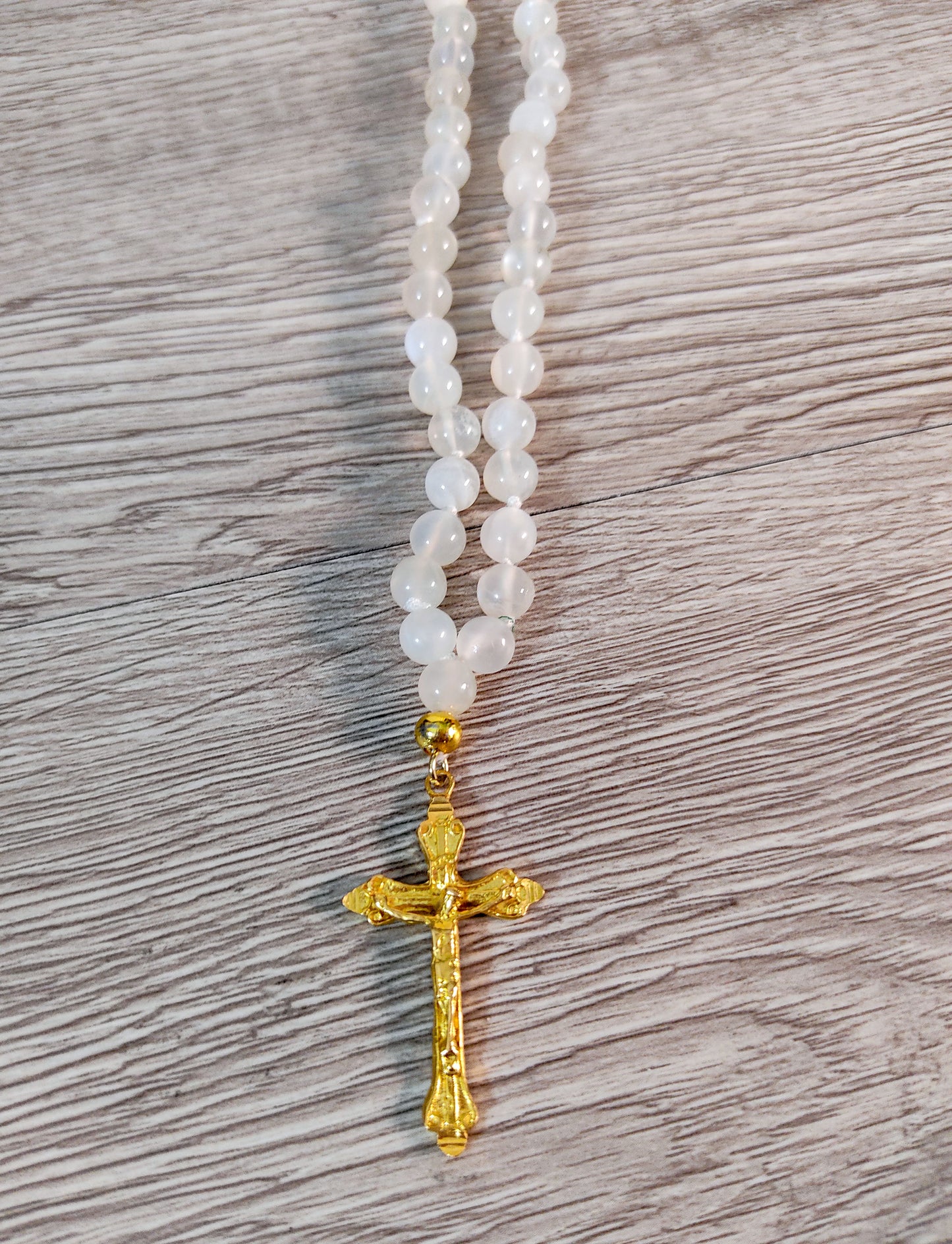 Moonstone Beads Mala Necklace with Gold Plated Crucifix Pendant 31" Handmade