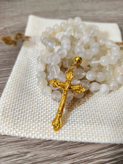 gold plated crucifix moonstone mala bead necklace